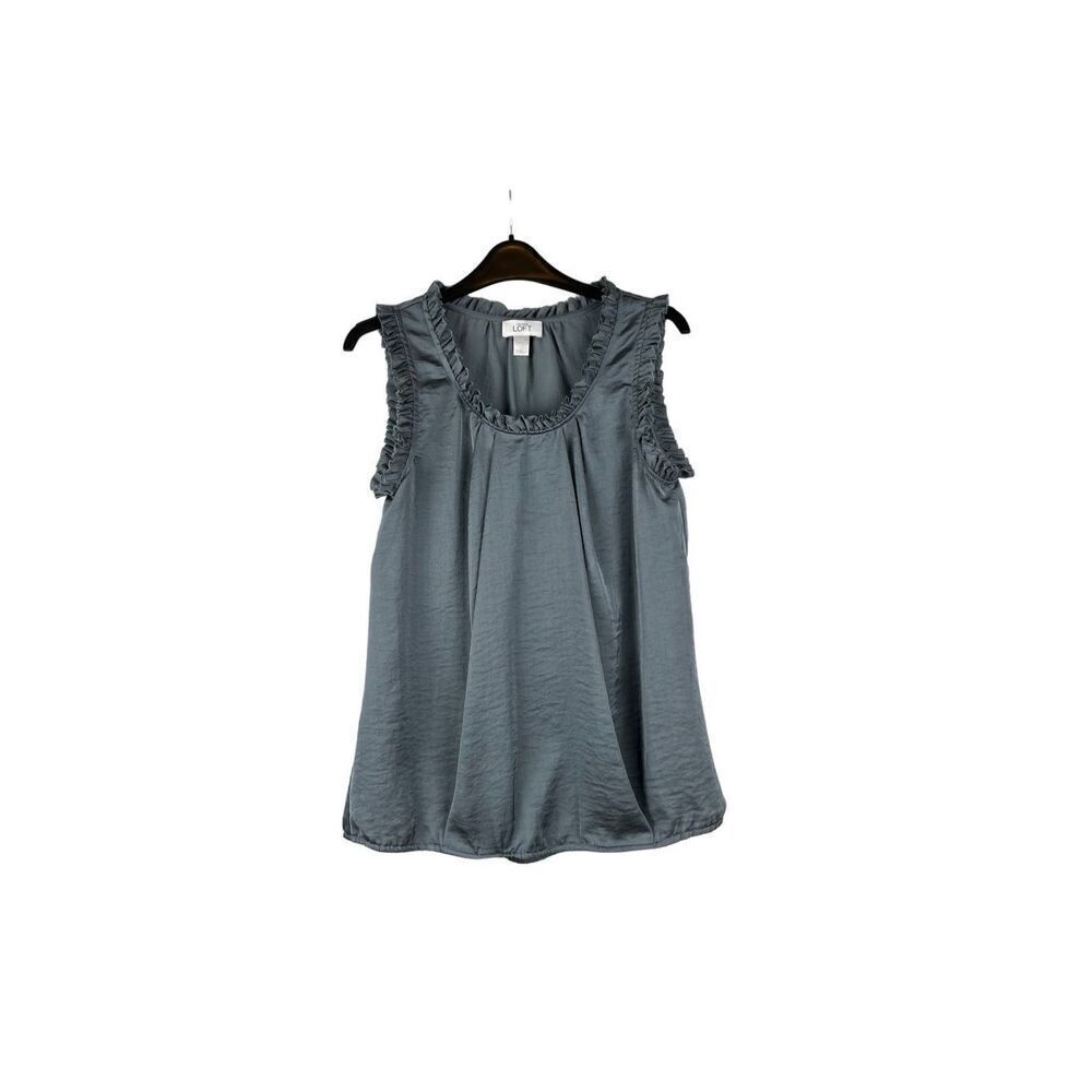 Loft Blue Gray Crinkle Ruffled Neck Sleeveless Top Small